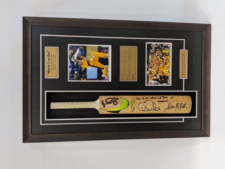 Framed signed Ricky Ponting World Cup cricket bat