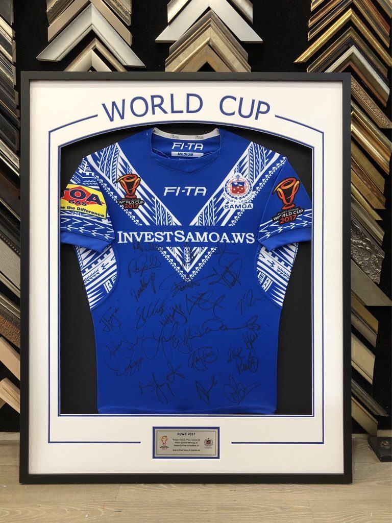 Framed signed Samoa rugby World Cup jersey