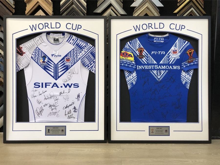 Pair of framed signed Samoa World Cup jerseys
